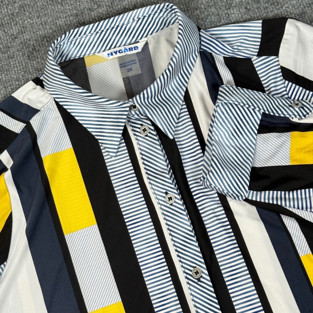 NYGARD Womens 2X Striped Geometric Print Button Front Shirt Roll Tab Sleeve Chic